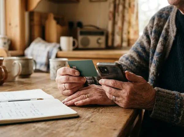 Idős kéz bankkártyát és telefont tart a konyhaasztalnál, óvatos mozdulattal.