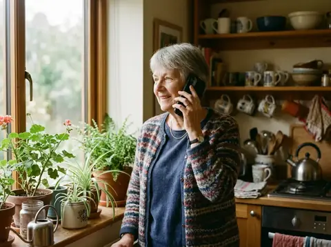 Idős asszony a konyhaablaknál telefonál, nyugodt arccal.