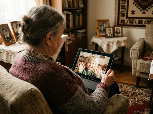 Idős asszony videohívást folytat egy tableten, a képernyőn egy családtag integet.